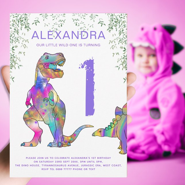 T. rex girls 1st Birthday Party purple Invitation (Wild one dinosaur girls 1st birthday. Colorful T-rex and Stegosaurus pink purple green dino fun)