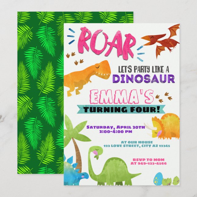 T-Rex Girl's Dinosaur Birthday Party Invitation (Front/Back)