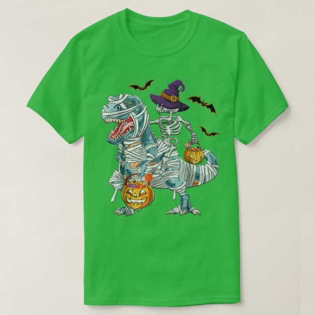T-Rex Halloween Shirt Witch Hat Pumpkin Candy Bask (Design Front)
