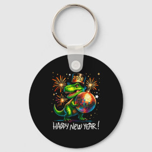 T Rex Happy New Year 2026 Disco Ball Fireworks Tee Keychain