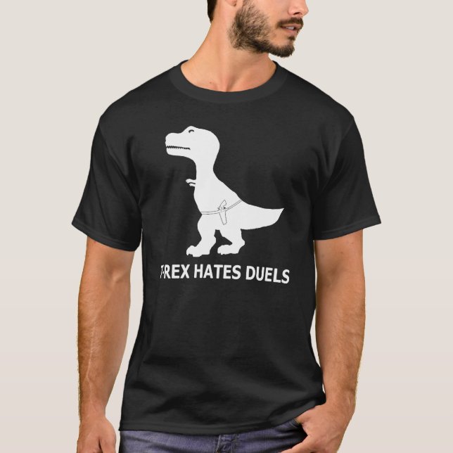 T-Rex Hates Duels Dark T-Shirt (Front)