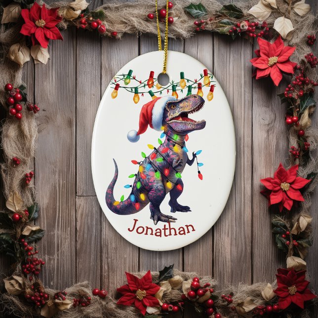 T-Rex Holiday Lights Kids Christmas Ceramic Ornament (Creator Uploaded)