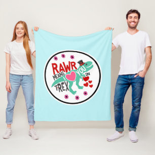 T-Rex in a Top Hat Rawr Means I Love You Funny Fleece Blanket