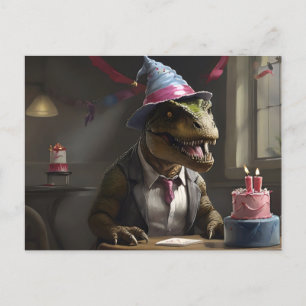 T-rex in birthday hat postcard