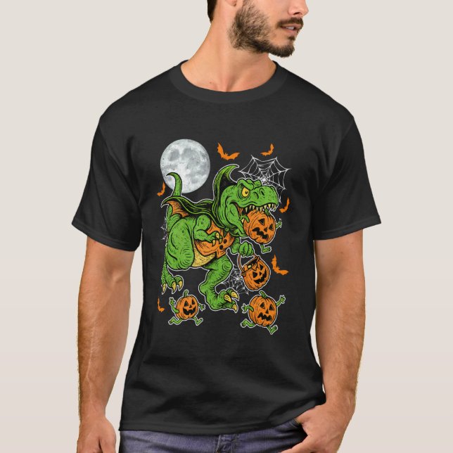 T Rex in Devil Costume Cosplay & Pumpkins Hallowee T-Shirt (Front)