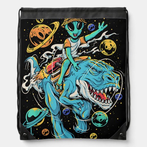 T_Rex in Outer Space  Kid Alien Riding T_Rex Dinos Drawstring Bag