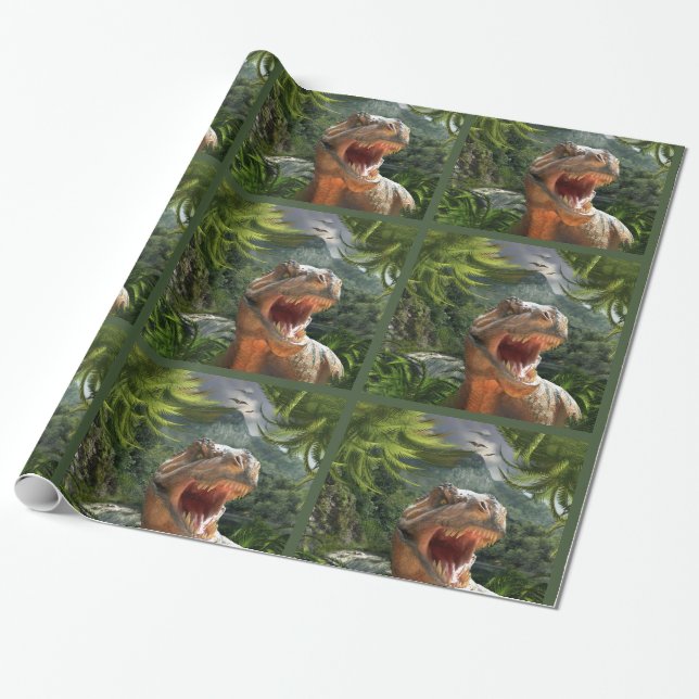 T Rex in Prehistoric Landscape Wrapping Paper (Unrolled)