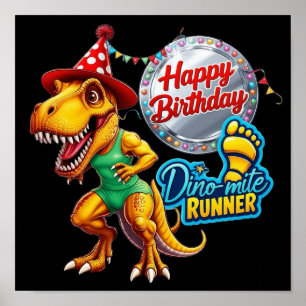 T-Rex in running outfit and bithday hat Poster