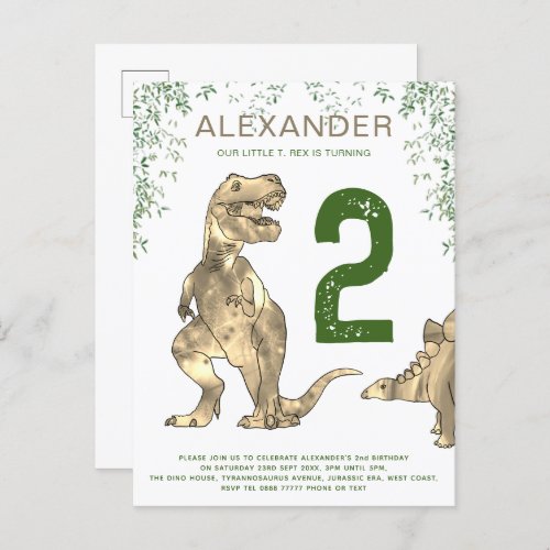 T rex jungle 2nd Birthday Party Budget  Invitation Postcard