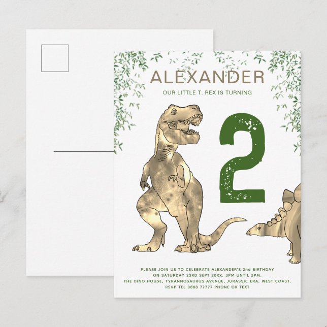 T. rex jungle 2nd Birthday Party Budget  Invitation Postcard (Front/Back)