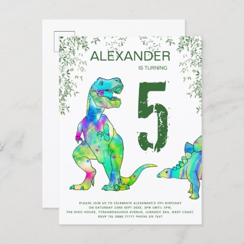 T rex jungle 5th Birthday Party budget Invitation Postcard