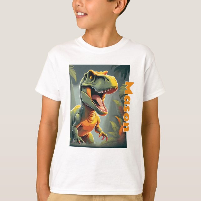 T-Rex Jurassic Dinosaur Gray and Orange T-Shirt (Front)
