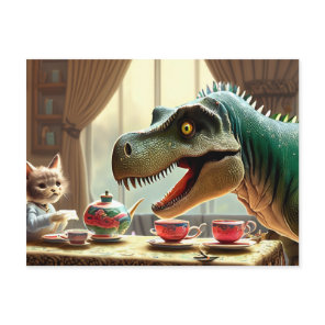 T-rex, kitten, tea party postcard