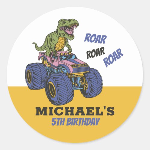 T_Rex Monster Truck Dinosaur Kids Birthday Party Classic Round Sticker