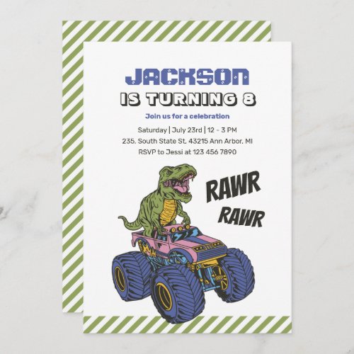 T_Rex Monster Truck Rawr Dinosaur Kids Birthday Invitation
