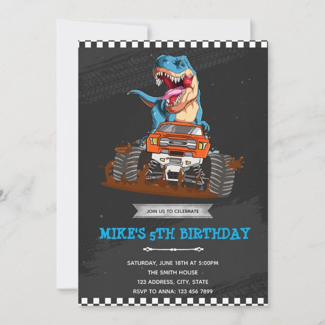 T rex monster truck theme invitation (Front)