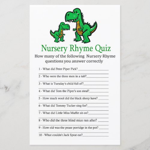 T_rex Nursery Rhyme Quiz baby shower game