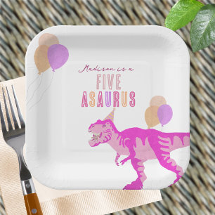 T-Rex Pink Any Age Cute Dinosaur Birthday Party Paper Plates