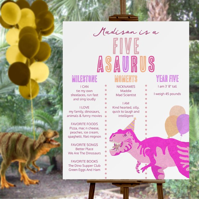 T-Rex Pink Any Age Milestone Year Board (Change FIVE to any age you need)