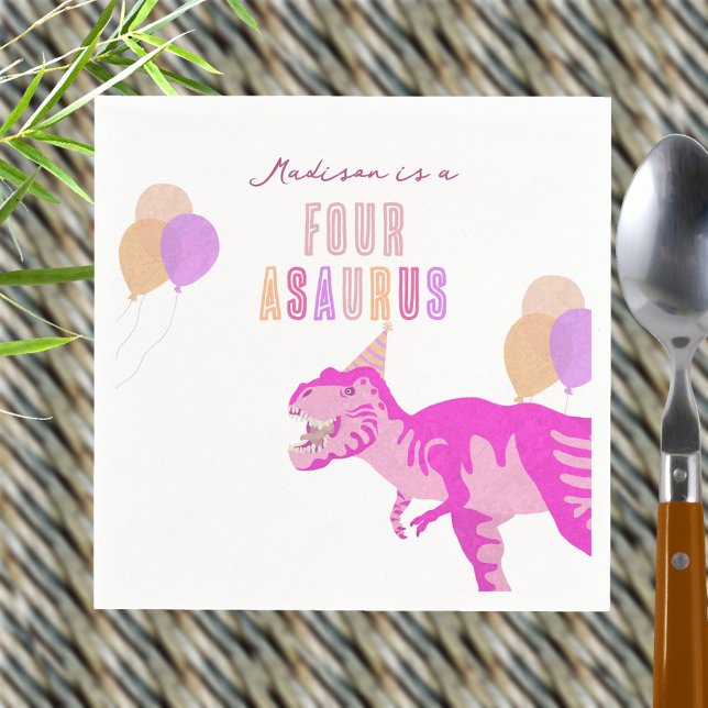 T-Rex Pink Cute Any Age Dinosaur Birthday Party Napkins (Change FOUR to any age for your custom pink dinosaur birthday party paper napkins)
