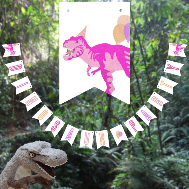 T-Rex Pink Cute Birthday Jurassic Dinosaur Party Bunting Flags (This fun DINOSAUR BIRTHDAY bunting will add to your custom pink dinosaur birthday party décor)