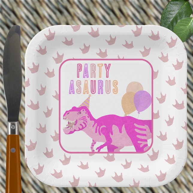 T-Rex Pink Cute Jurassic Dinosaur Birthday Party Paper Plates (Cute pink T-Rex paper plates for your fun dinosaur birthday party)