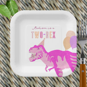 T-Rex Pink Cute Two-Rex Dinosaur Birthday Party Paper Plates