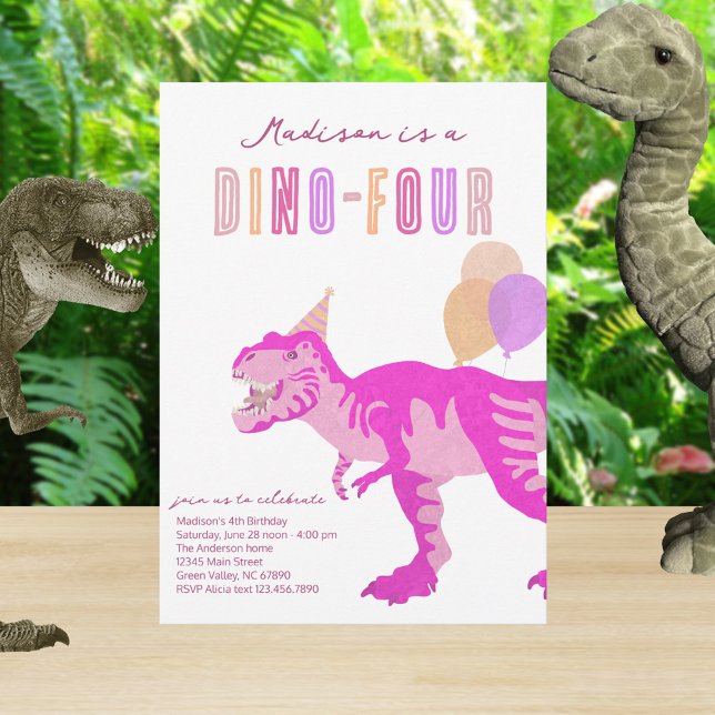 T-Rex Pink Dino-Four Fourth 4th Birthday Party Invitation (Start the party right with these cute pink Dino-Four dinosaur birthday invitations)
