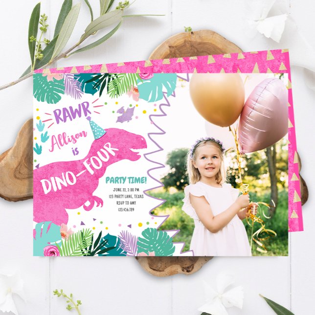 T-Rex Pink Dinosaur Girl Dino Four 4th Birthday Invitation (Creator Uploaded)