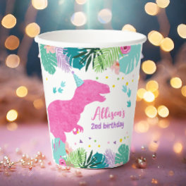 T-Rex Pink Dinosaur Girl Dino Prehistoric Birthday Paper Cups
