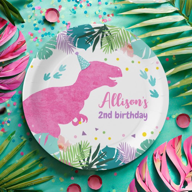 T-Rex Pink Dinosaur Girl Dino Prehistoric Birthday Paper Plates (Creator Uploaded)