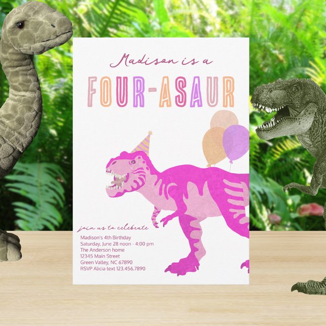 T-Rex Pink Four-Asaur Dino Fourth Birthday Party Invitation (Plan the perfect four-asaur dinosaur birthday party for your little Trex with these cute invitations)