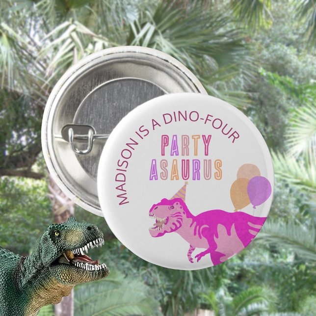 T-Rex Pink Party Asaurus Cute Dinosaur Birthday Button (These personalized pink T-Rex dinosaur birthday round pin back buttons are cute party favors)