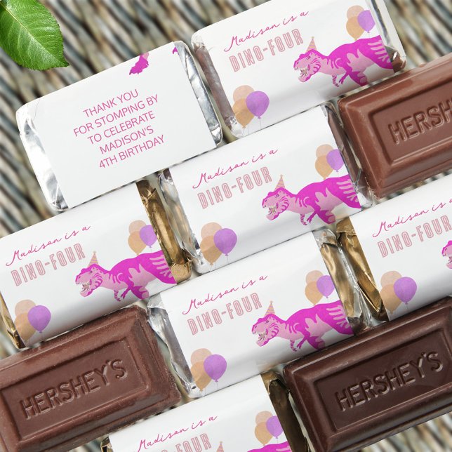 T-Rex Pink Prehistoric Cute Dinosaur Birthday Hershey's Miniatures (Pink dinosaur mini chocolates make for sweet party favors for your dinosaur birthday)