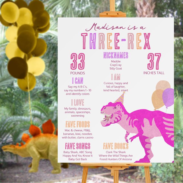 T-Rex Pink Three-Rex Milestone Year Board (This pink Three-Rex milestone board makes a fun addition to your dinosaur birthday party décor)