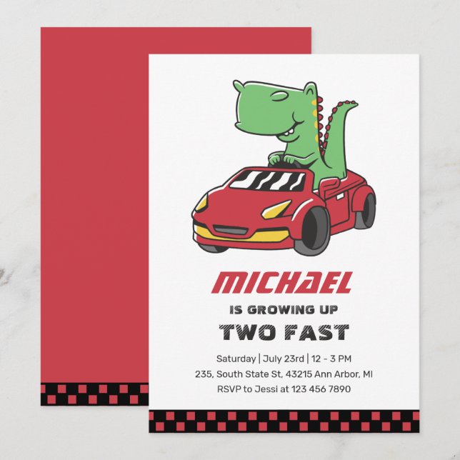 T-Rex Race Car Two Fast Boys Birthday Invitation (Front/Back)
