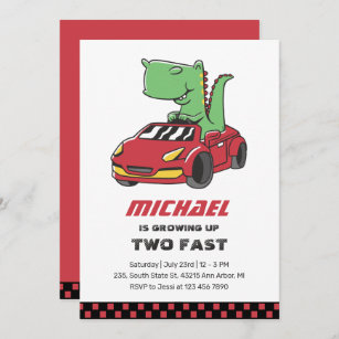 T-Rex Race Car Two Fast Boys Birthday Invitation