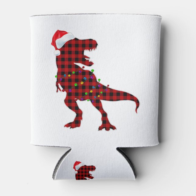 T Rex Red Plaid Buffalo Dinosaur Christmas Pajamas Can Cooler (Front)