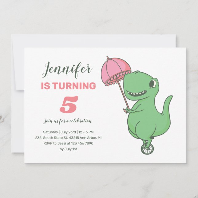 T-rex Ride Unicycle Cute Dinosaur Girls Birthday Invitation (Front)