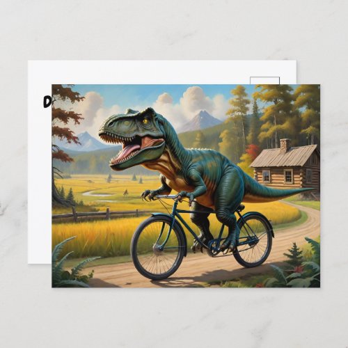 T_rex riding a bicycle through the country postcard