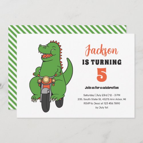 T_Rex Riding Bike Cute Kids Dinosaur Birthday Invitation