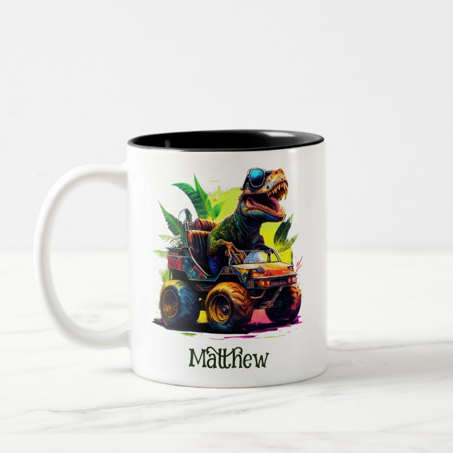 T-Rex Riding Monster Truck Dinosaur Name Two-Tone Coffee Mug (Left)
