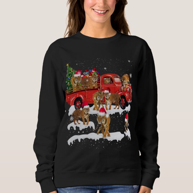 T-rex Riding Red Truck Christmas Tree Believe Sant Sweatshirt (Front)