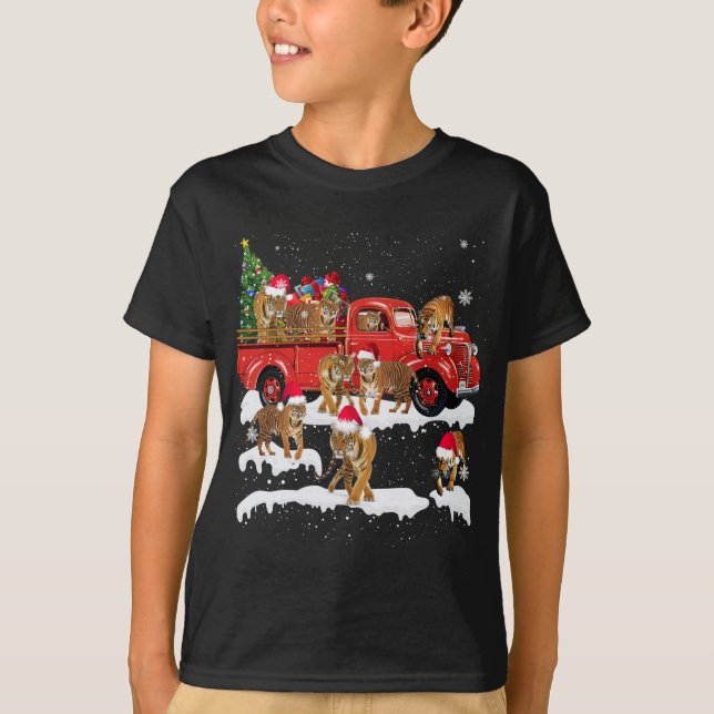 T-rex Riding Red Truck Christmas Tree Believe Sant T-Shirt (Front)