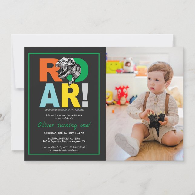 T-Rex Roar | Dinosaur Birthday Party Photo Invite (Front)