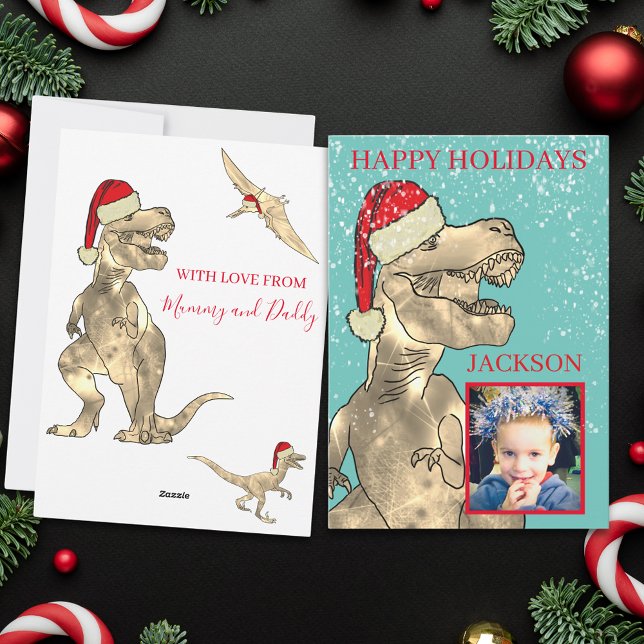 T Rex Santa Dinosaur Photo Personalized Kids Holiday Card (Christmas dinosaur custom photo holiday greetings card)