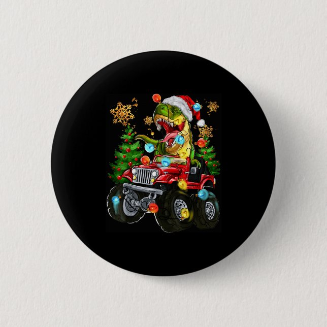 T-rex Santa In Monster Truck With Christmas Trees  Button (Front)