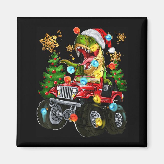 T-rex Santa In Monster Truck With Christmas Trees  Magnet (Front)