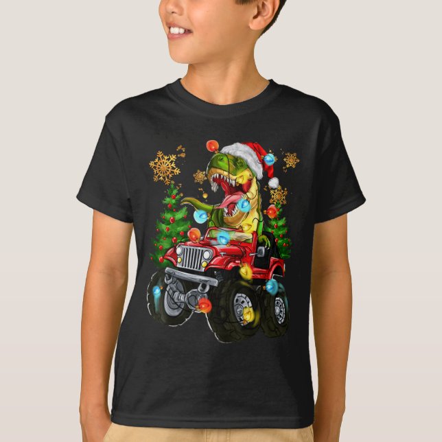 T-rex Santa In Monster Truck With Christmas Trees  T-Shirt (Front)