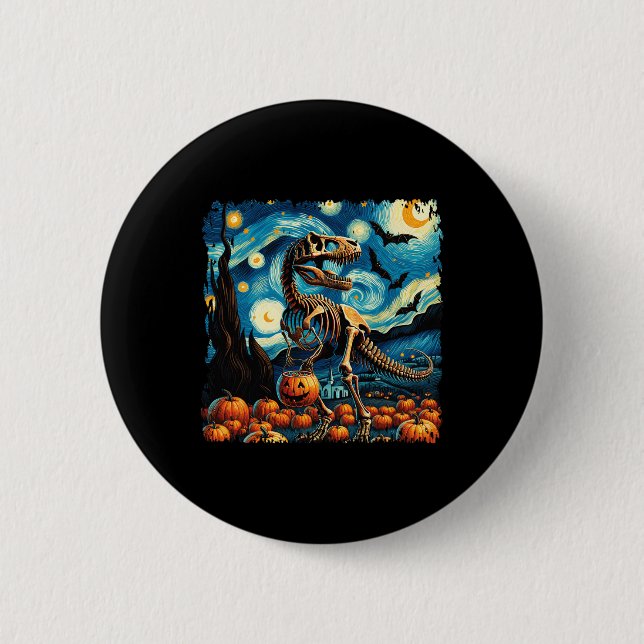 T-rex Skeleton Halloween Van Gogh Starry Night Fal Button (Front)